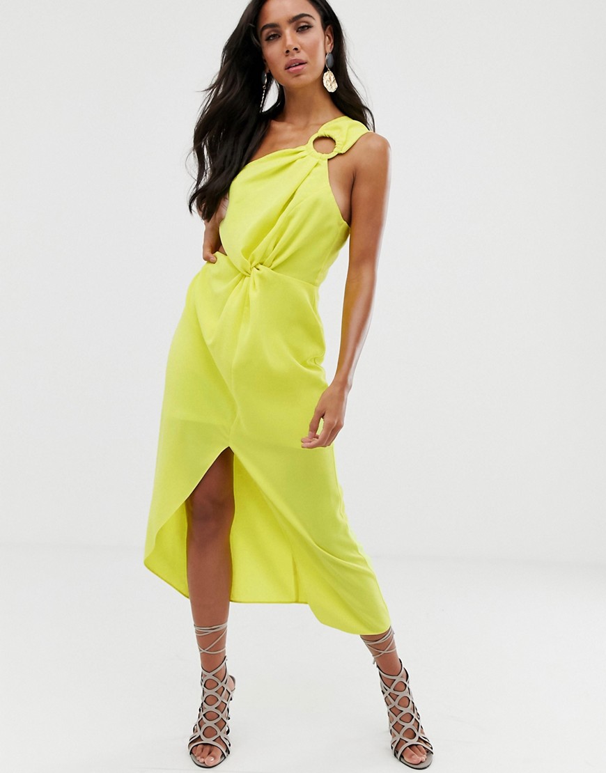 ASOS DESIGN midi dress with one shoulder ring detail and hitched waist-Green