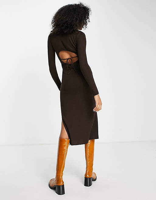 Dresses midi dress with open back detail in brown 