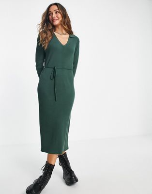 ASOS DESIGN midi dress with open collar and tie detail in green