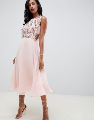 ASOS DESIGN midi dress with pinny bodice in 3D floral embellishment | ASOS