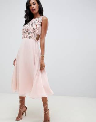 asos design midi dress with long sleeve embellished bodice