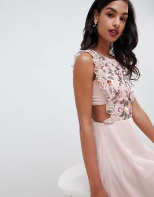 asos design midi dress with pinny bodice in 3d floral embellishment