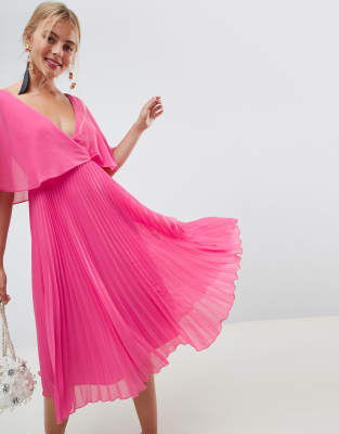 asos design flutter sleeve midi dress with pleated skirt