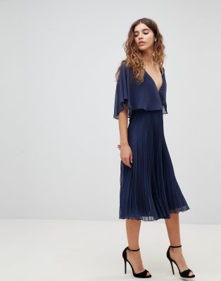 asos design flutter sleeve midi dress with pleated skirt
