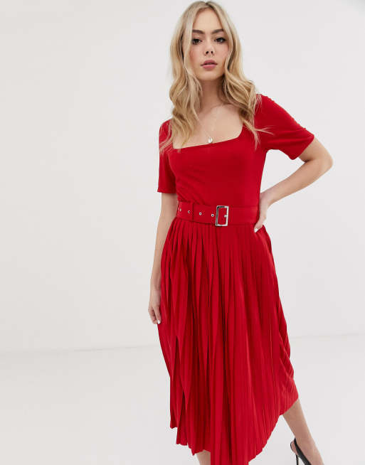 ASOS DESIGN midi dress with pleated skirt and belt | ASOS