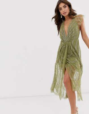 beaded midi dress with sleeves