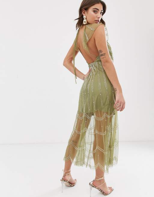 ASOS DESIGN midi dress with plunge bodice and linear vintage beading