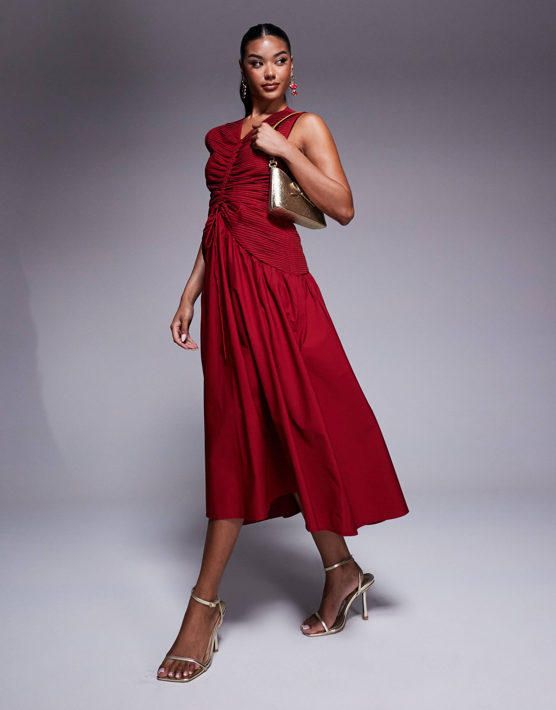 asos design midi dress with ruched bodice and center channel detail in red
