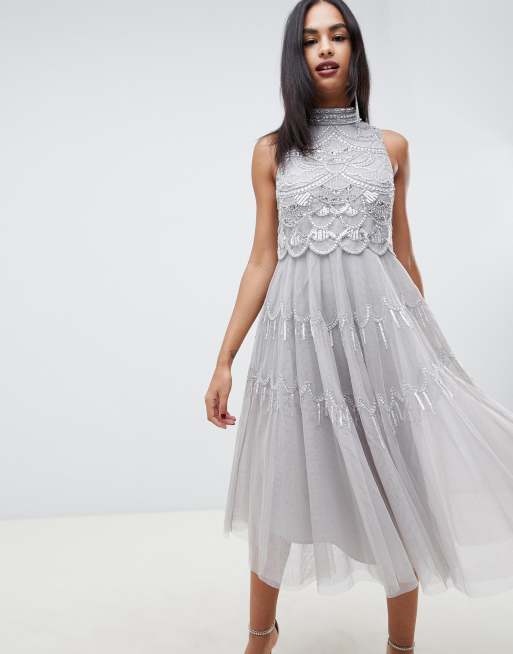 Scallop hem embellished 2025 crop top midi dress