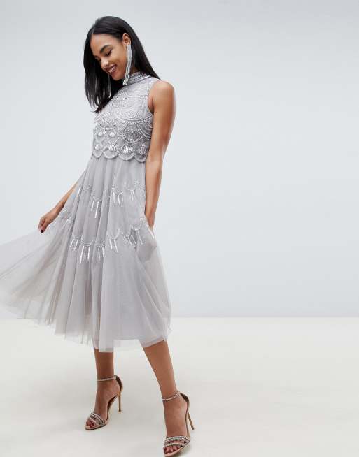 Asos high neck embellished crop top tulle midi clearance dress