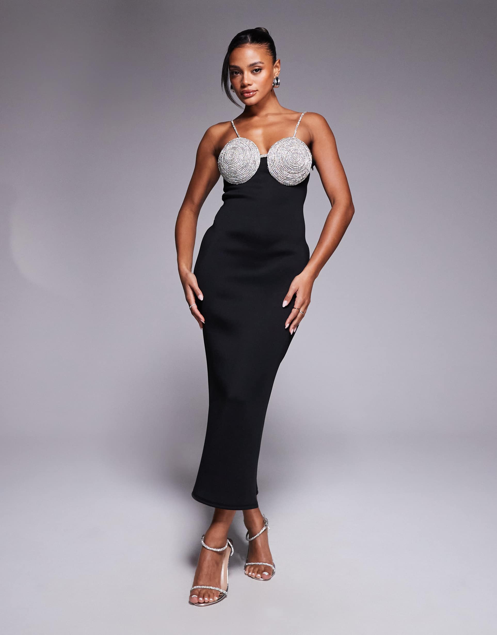 asos design midi dress with silver embellished bra detail in black in scuba-style fabric