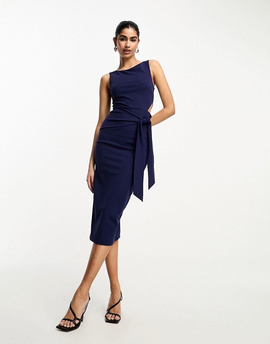 ASOS DESIGN midi dress with tie skirt and side cut out in navy