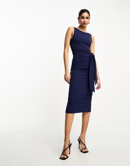 ASOS DESIGN midi dress with tie skirt and side cut out in navy