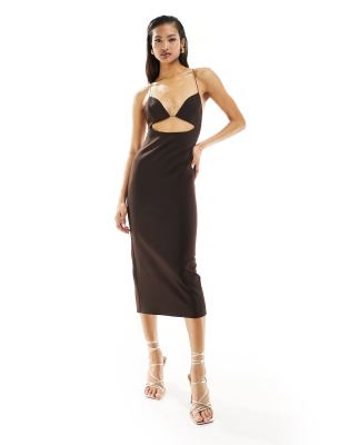 Asos Design Midi Dress With Under Bust Cut Out And Strappy Back In Chocolate-brown