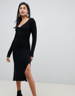 v neck ribbed midi dress