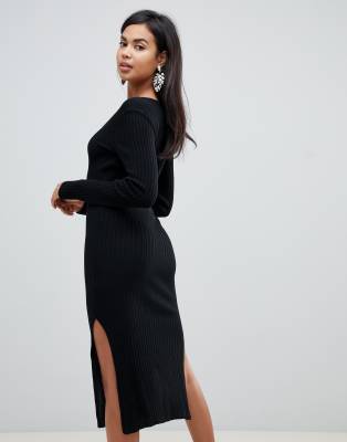v neck ribbed midi dress