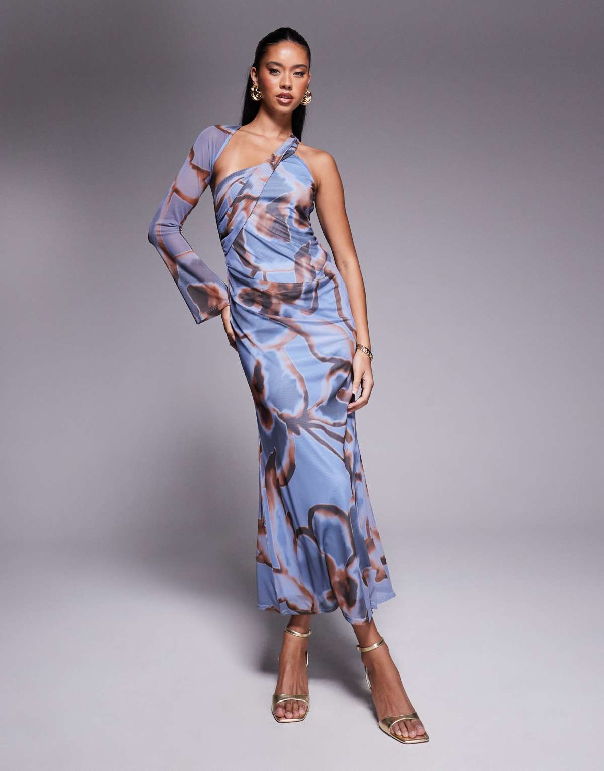 ASOS DESIGN midi dress with wrap around one shoulder in floral print