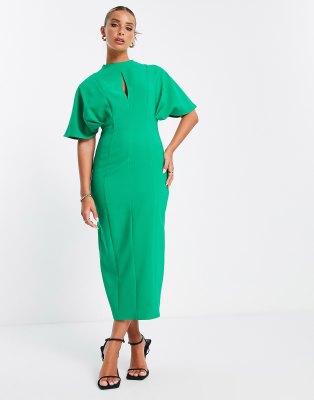 ASOS DESIGN - Midi-Etuikleid in Knallgrün mit Engelsärmeln und Schlüsselloch-Detail vorn