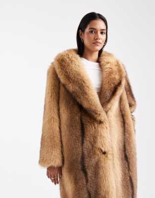Asos Design Midi Faux Fur Coat In Brown