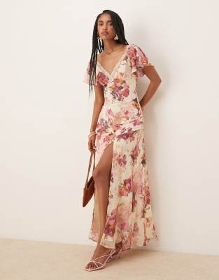 ASOS DESIGN - Midi-Freizeitkleid aus Chiffon mit Blumenmuster und Spitzeneinsatz-Bunt