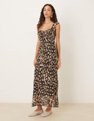 ASOS DESIGN - Midi-Freizeitkleid aus Netzstoff mit doppelten Rüschen und abstraktem Tierfellmuster-Bunt