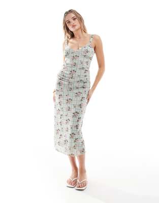 ASOS DESIGN - Midi-Freizeitkleid aus Powermesh mit Riemchen-Trägern, Brustnähten und Blumenmuster-Bunt