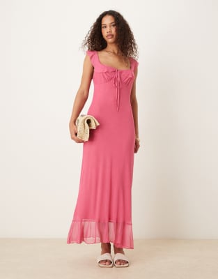 ASOS DESIGN - Midi-Freizeitkleid aus rosa Netzstoff mit doppelten Rüschen