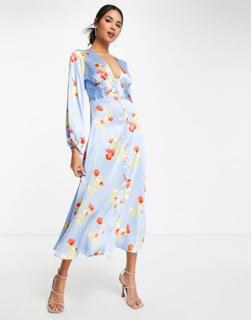 ASOS DESIGN – Midi-Freizeitkleid aus Satin mit Blumenmuster, Knopfleiste und Volantärmeln