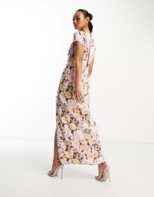 ASOS DESIGN - Midi-Freizeitkleid aus Satin mit markantem Blumenprint und seitlichem Knopfdetail-Bunt