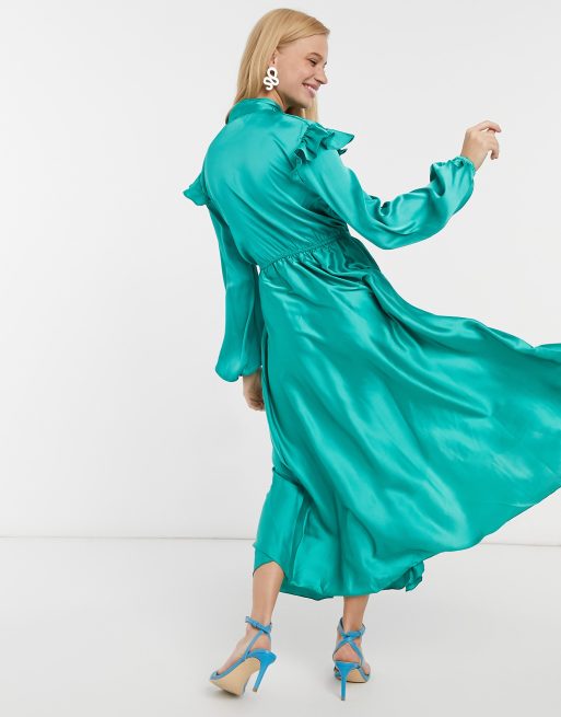 ASOS DESIGN – Midi-Freizeitkleid aus Satin mit Schnürung am Hals und Rüschenrock