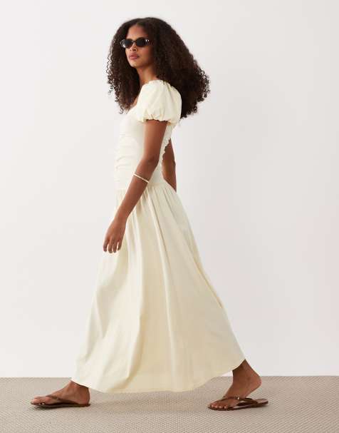 ASOS DESIGN – Midi-Freizeitkleid in Buttermilchgelb mit geraffter Vorderseite - view 1