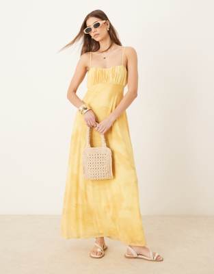 ASOS DESIGN - Midi-Freizeitkleid in Gelb mit Blumenmuster und Bindeträgern-Bunt
