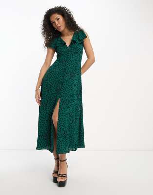 ASOS DESIGN - Midi-Freizeitkleid in Grün mit Tierfellmuster, Knöpfen und Flatterärmeln-Bunt