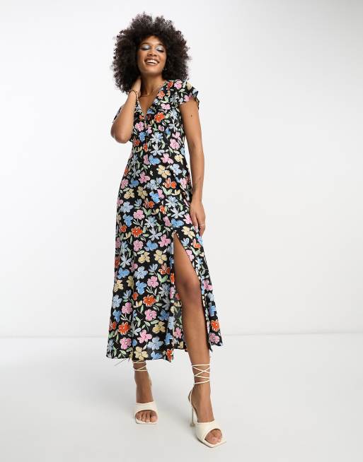 ASOS DESIGN Midi Freizeitkleid in mehreren Farben mit Blumenmuster Knopfleiste und Flatterarmeln