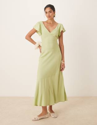ASOS DESIGN - Midi-Freizeitkleid in Salbeigrün mit Flügelärmeln-Bunt
