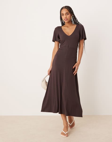 ASOS DESIGN – Midi-Freizeitkleid in Schokobraun mit Taillen- und Godet-Details - view 1