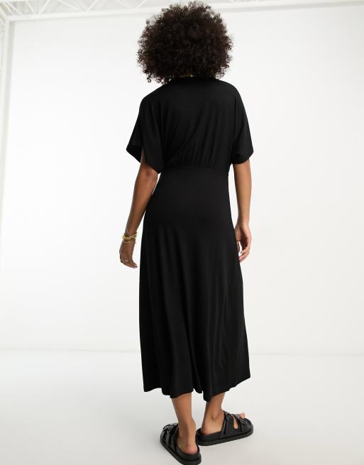 ASOS DESIGN – Midi-Freizeitkleid in Schwarz mit Knöpfen und Flatterärmeln, 3 von 4