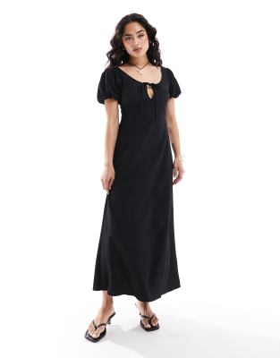 ASOS DESIGN - Midi-Freizeitkleid in Schwarz mit Puffärmeln