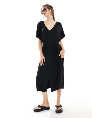 ASOS DESIGN - Midi-Freizeitkleid in Schwarz mit Wickeldetail