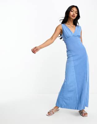 ASOS DESIGN - Midi-Freizeitkleid in verwaschenem Blau mit Ziernaht unter der Brust