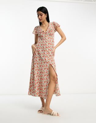 ASOS DESIGN - Midi-Freizeitkleid mit Blümchenmuster, Knopfleiste und Flatterärmeln-Bunt