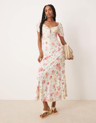 ASOS DESIGN - Midi-Freizeitkleid mit Muschelsaum-Kragen, Puffärmeln, Ziernaht und Blumenprint-Bunt