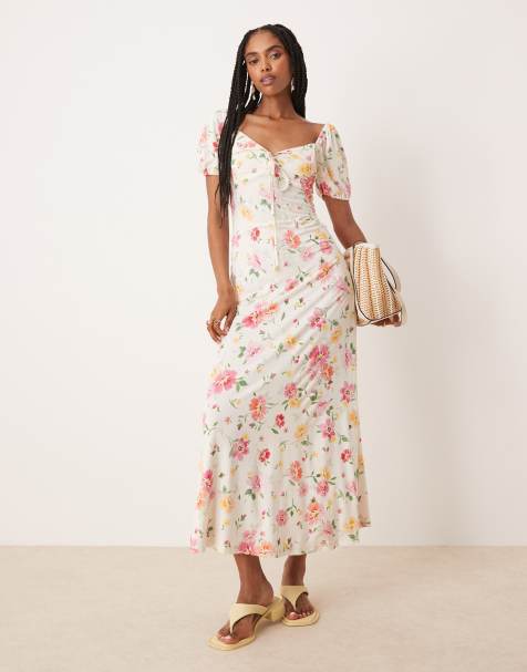 ASOS DESIGN – Midi-Freizeitkleid mit Muschelsaum-Kragen, Puffärmeln, Ziernaht und Blumenprint - view 1