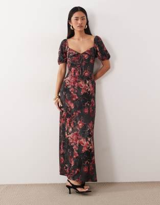 ASOS DESIGN - Midi-Freizeitkleid mit Muschelsaum-Kragen, Puffärmeln, Ziernaht und dunklem Blumenmuster-Bunt