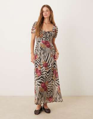 ASOS DESIGN - Midi-Freizeitkleid mit Puffärmeln und Animal-Blumenprint-Bunt
