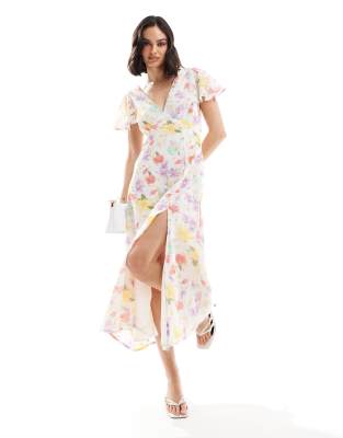 ASOS DESIGN - Midi-Freizeitkleid mit Ziernaht und pastellfarbenem Blumenmuster-Bunt