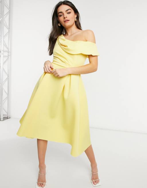 ASOS DESIGN - Midi galajurk in skatermodel met gedrapeerde schouder in citroengeel