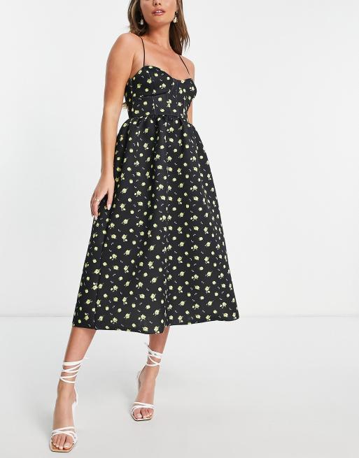 ASOS DESIGN - Midi-galajurk met cups en fijne bloemenprint in blauw