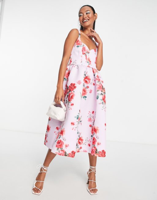 ASOS DESIGN Midi galajurk met korset in lila met bloemenprint