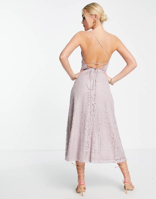 ASOS DESIGN - Midi-galajurk van kant en vetersluiting aan de achterkant in lila, 2 van 4